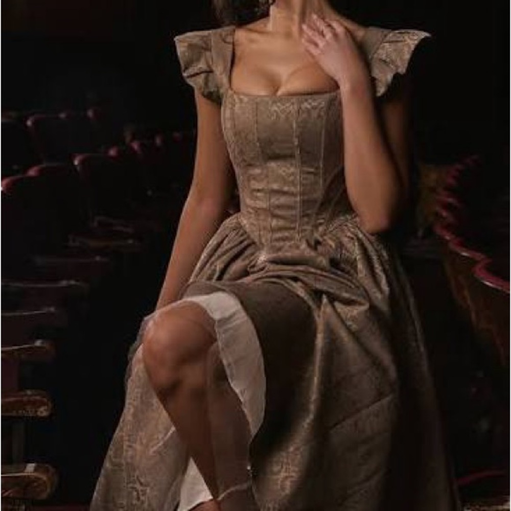House of CB Brown Midi Dress Ruffle Sleeves xs Alessandra corset jacquard gold
